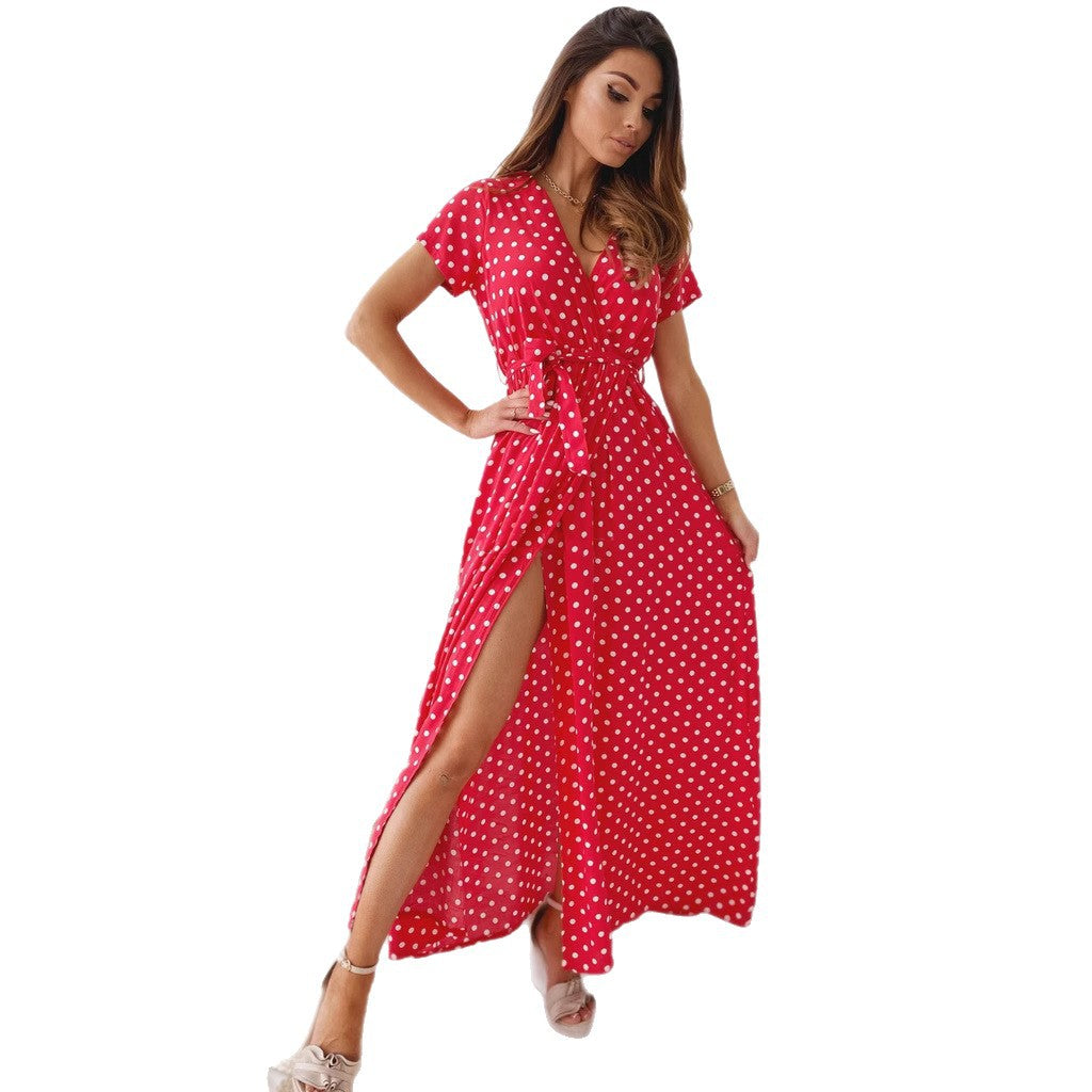 Damen Maxikleid mit Polka-Dots und verstellbarem Taillengürtel R&B