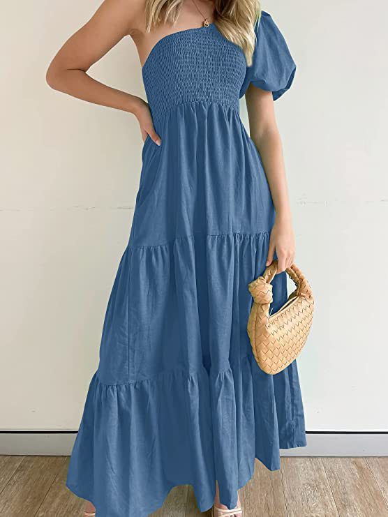 Damen Maxikleid mit asymmetrischem Trägerdesign und voluminösem Rock R&B