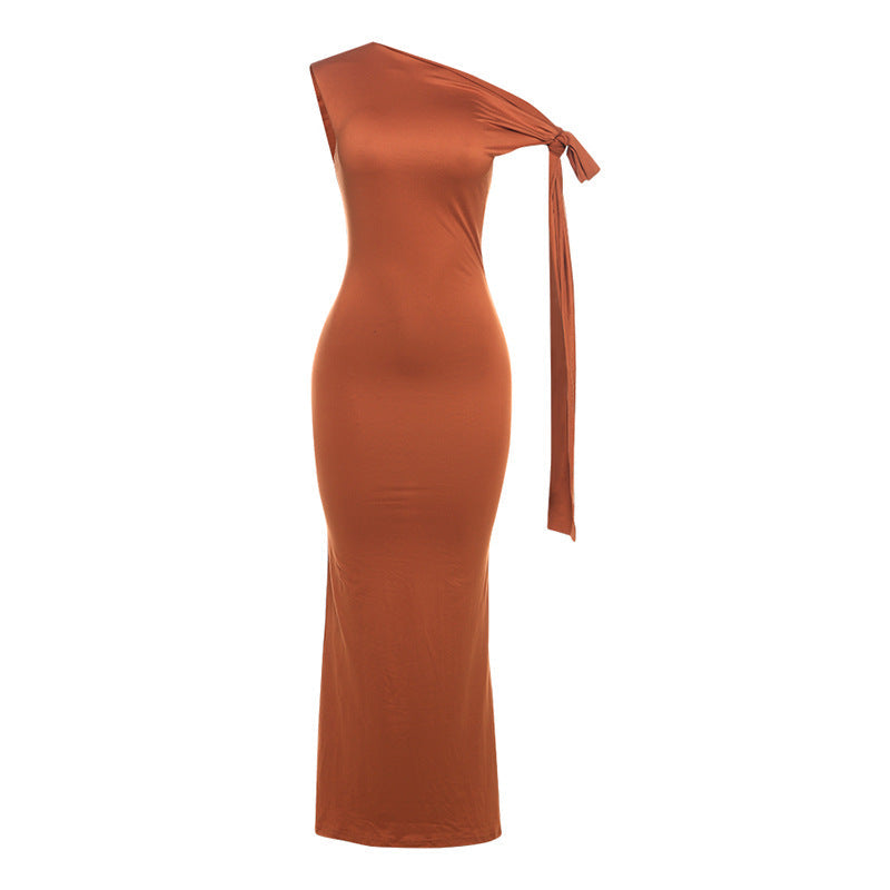 Damen Elegantes figurbetontes One-Shoulder-Maxikleid mit Schleife R&B