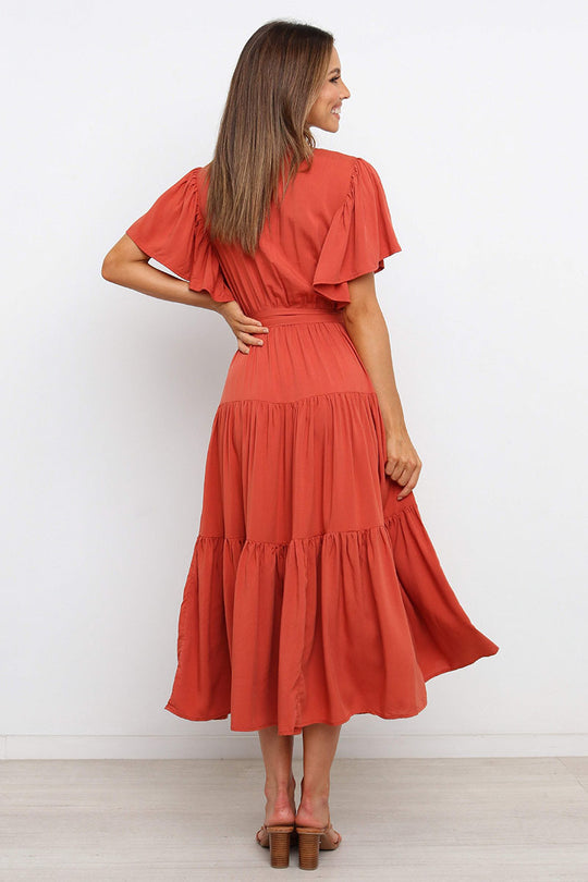 Damen Maxikleid mit tiefem V-Ausschnitt und schwingenden Ärmeln R&B