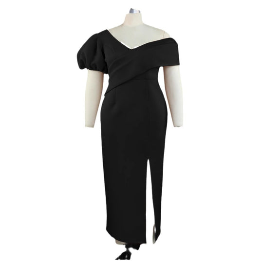 Damen Elegantes, figurbetontes Abendkleid mit asymmetrischem Ausschnitt und Puffärmeln R&B