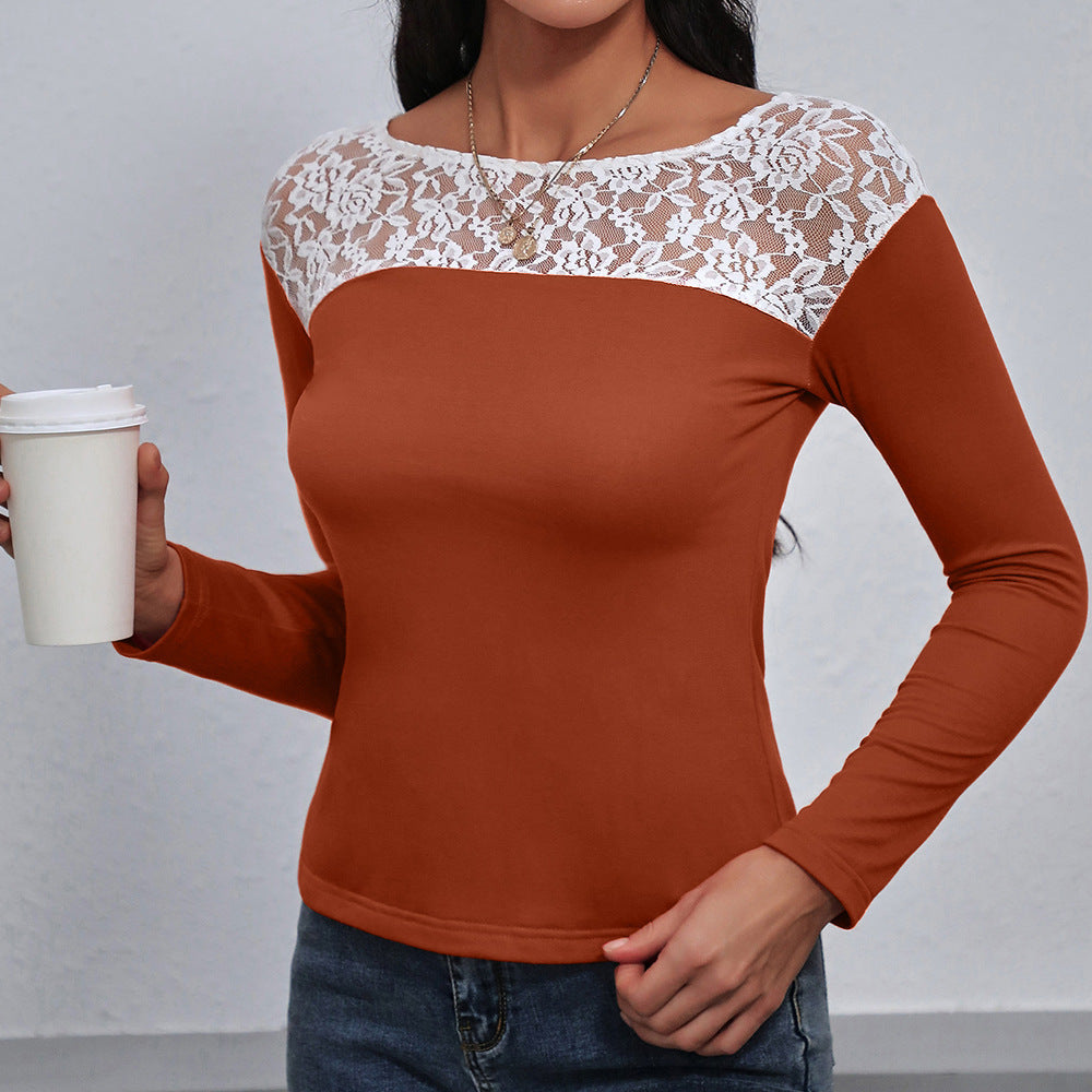 Damen elegantes Langarmshirt mit floralen Spitzendetails R&B