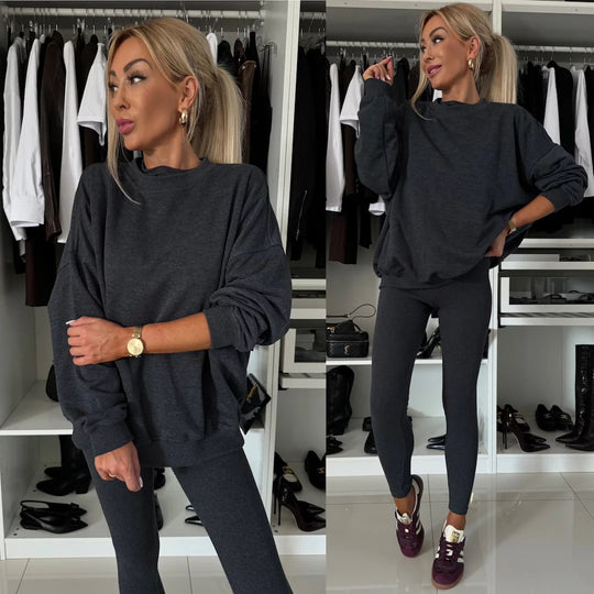 Damen lässiges Baumwoll-Lounge-Set mit Rundhalsausschnitt und engen Leggings R&B