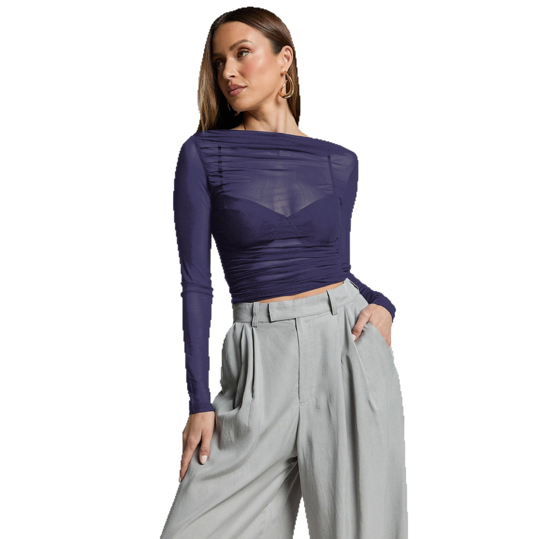 Damen Elegantes Langarmoberteil mit transparentem Mesh und Raffung R&B
