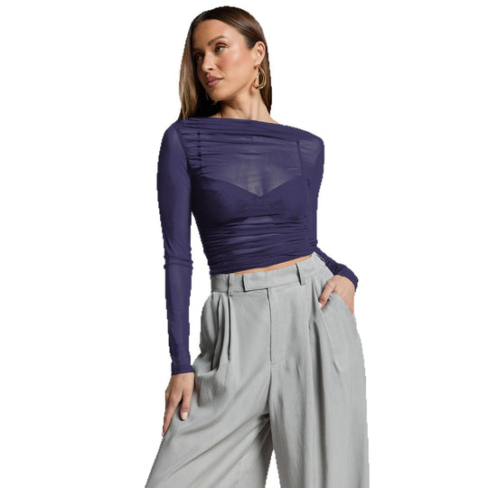 Damen Elegantes Langarmoberteil mit transparentem Mesh und Raffung R&B