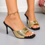 Damen elegante High Heel Pantoletten mit schimmerndem Schlangeprint R&B