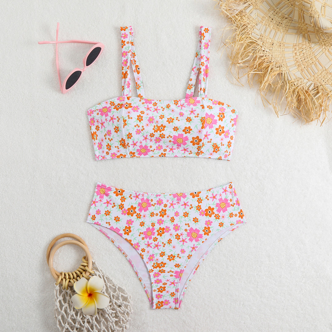 Damen Zweiteiliges Crop-Top Bikini-Set mit floralem Design und breiten Trägern R&B