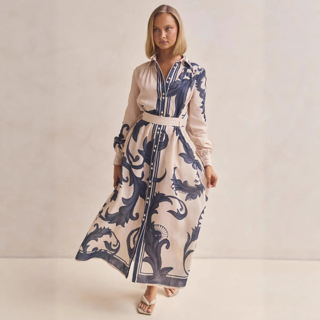 Damen Langarmhemdkleid mit floralen Akzenten und Taillengürtel R&B