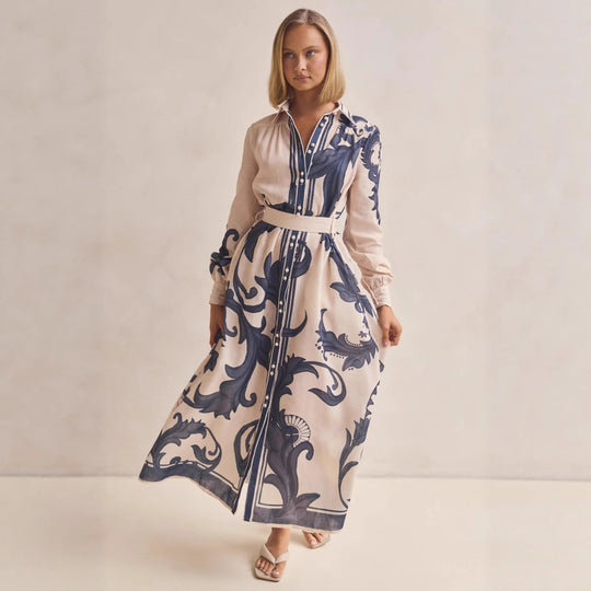 Damen Langarmhemdkleid mit floralen Akzenten und Taillengürtel R&B
