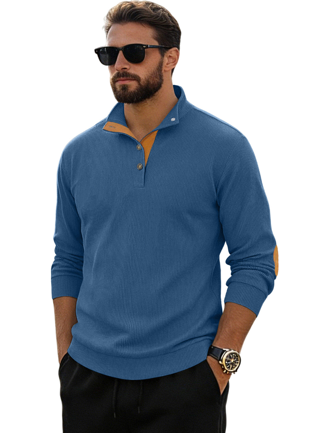 Herren nan fein gerippter Strickpullover mit Polokragen Knopfleiste und Ellenbogenbesatz R&B