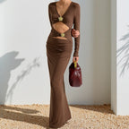Damen Figurbetontes Longdress mit Cut-Out-Details und Wickeloptik EB