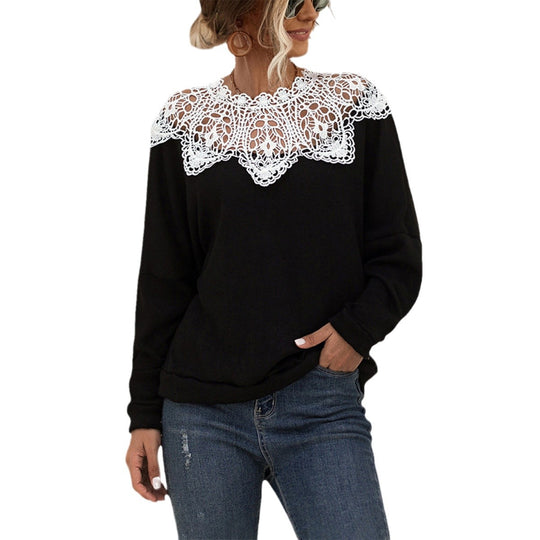 Damen Sweatshirt mit dekorativem Spitzenkragen und lässigem Schnitt R&B