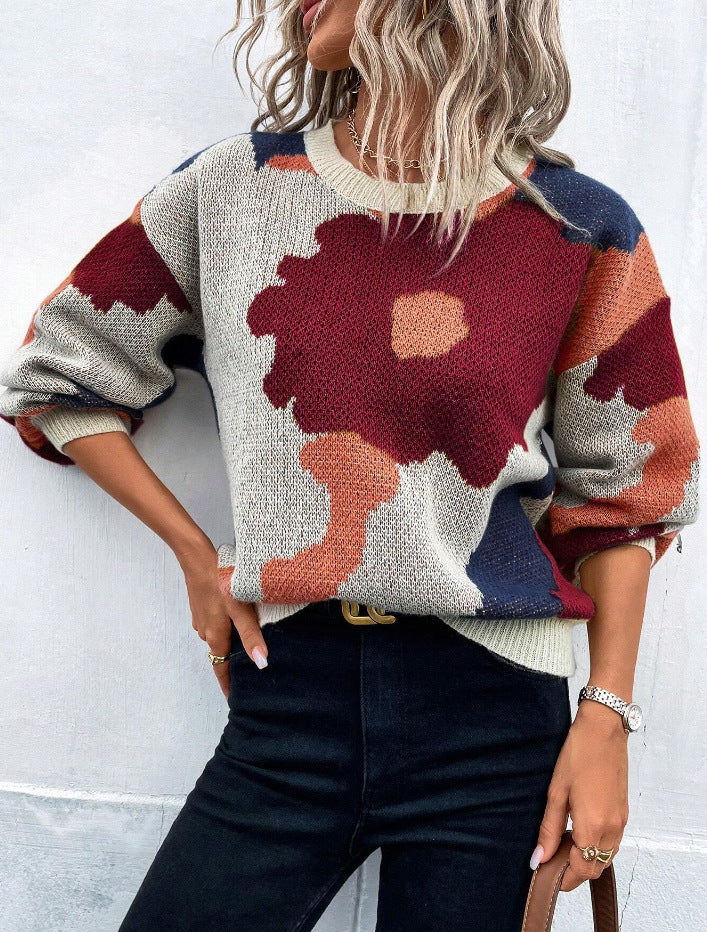 Damen modischer Pullover mit floralem Muster und weiten Ärmeln R&B