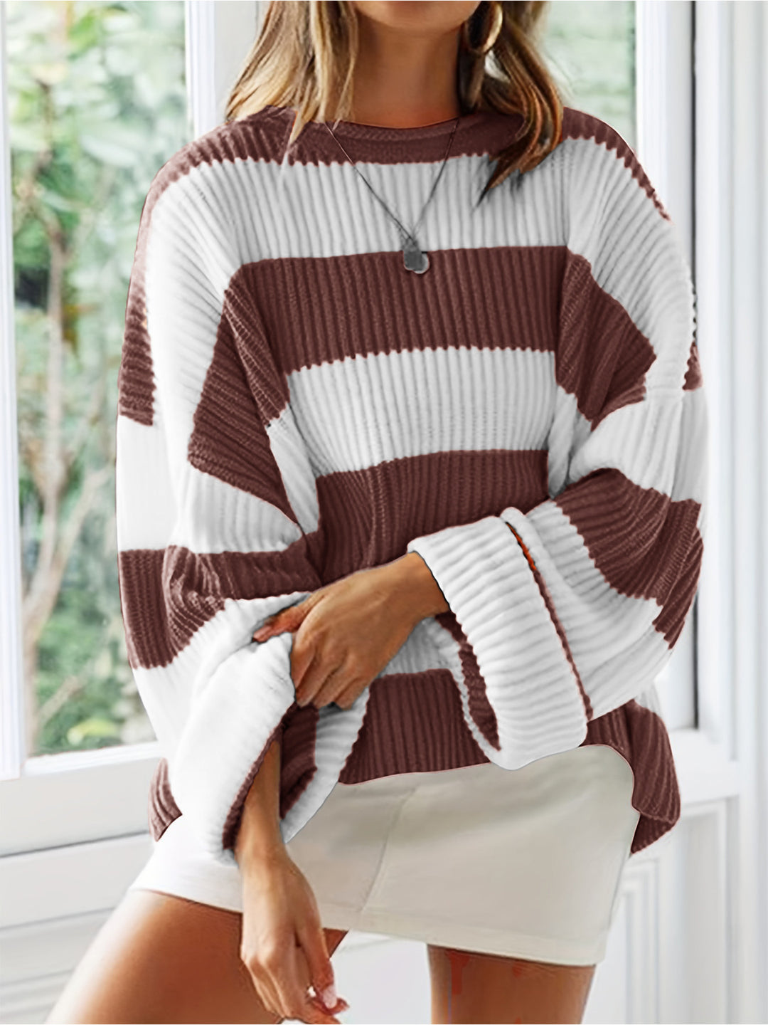 Damen lässiger Strickpullover mit breiten Streifen und lockerer Passform R&B