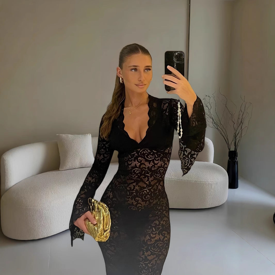 Damen Elegantes Spitzenkleid mit tiefem V-Ausschnitt und extravaganten Ärmeln R&B