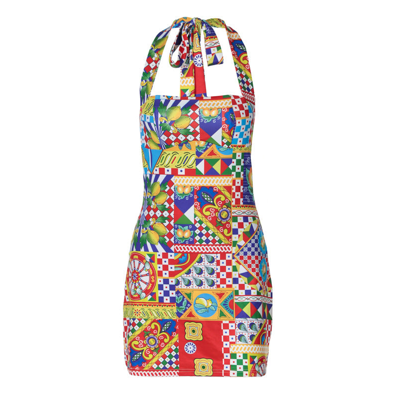 Damen Buntes Kochkleid mit Halterneck und verspielten Mustern R&B