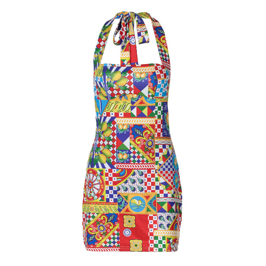 Damen Buntes Kochkleid mit Halterneck und verspielten Mustern R&B
