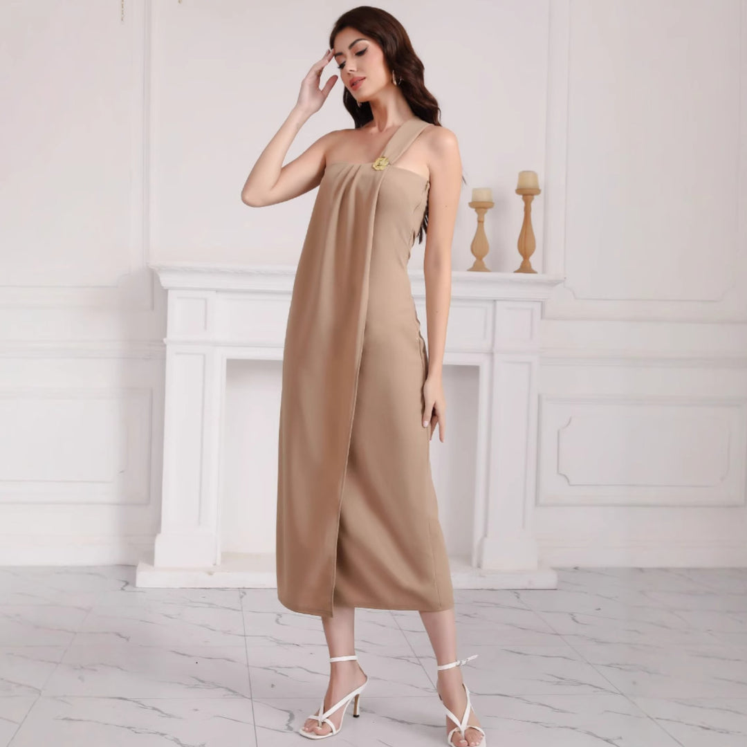 Damen elegantes schulterfreies Maxikleid mit Dekorativem Detail R&B