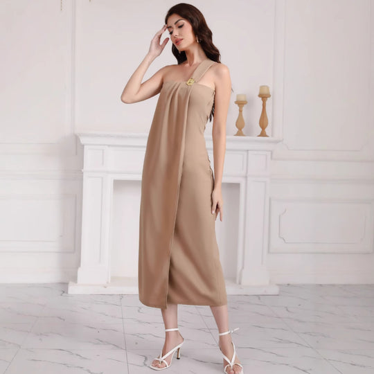 Damen elegantes schulterfreies Maxikleid mit Dekorativem Detail R&B