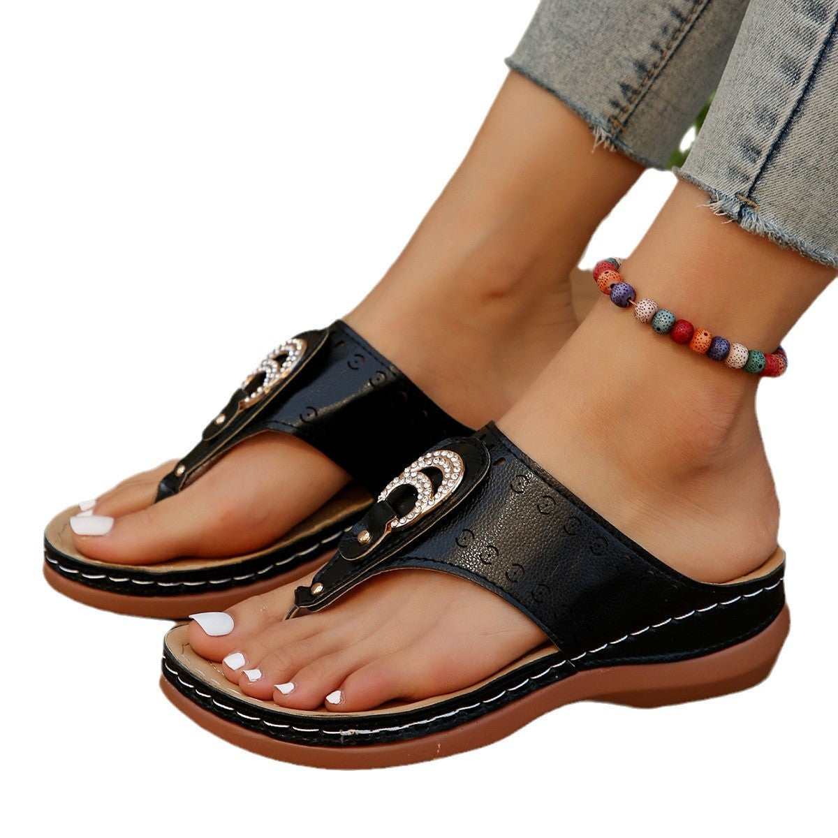Damen Komfortable Zehentrenner-Sandalen mit modischem Glitzer-Details und ergonomischem Fußbett R&B