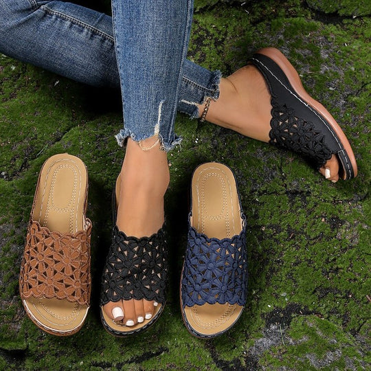 Damen offene Riemchen-Sandalen mit floralem Häkel-Muster R&B