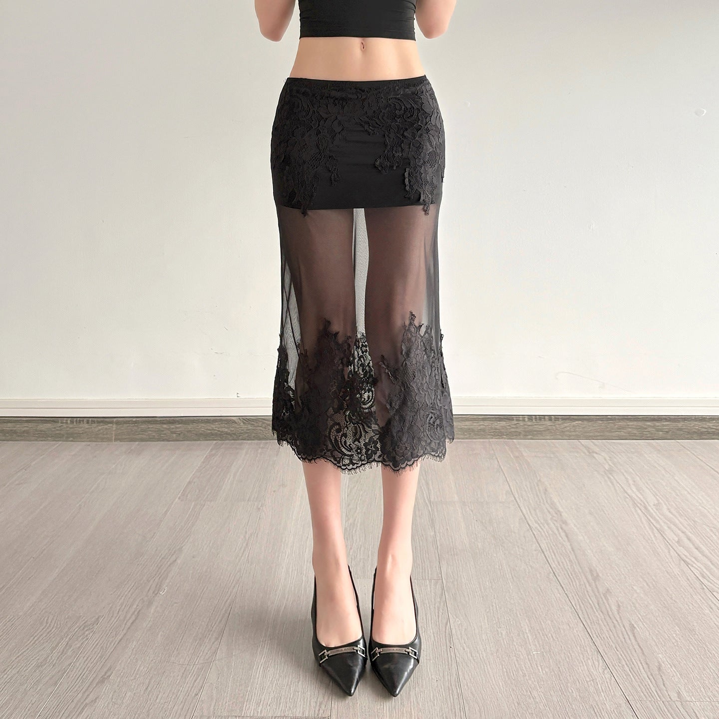 Damen Spitzenrock mit transparentem Unterkleid und verzierten Rüschen R&B