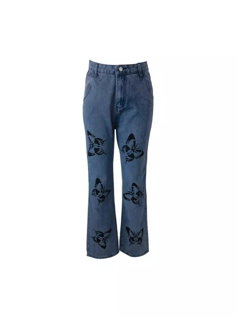 Damen Weit geschnittene Jeans mit kreativem Schmetterlingsdruck R&B
