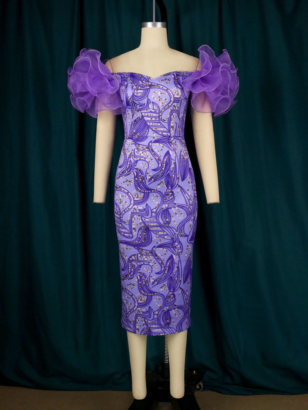 Damen Elegantes Midi-Kleid mit innovativen Puffärmeln und kunstvollem Druck R&B