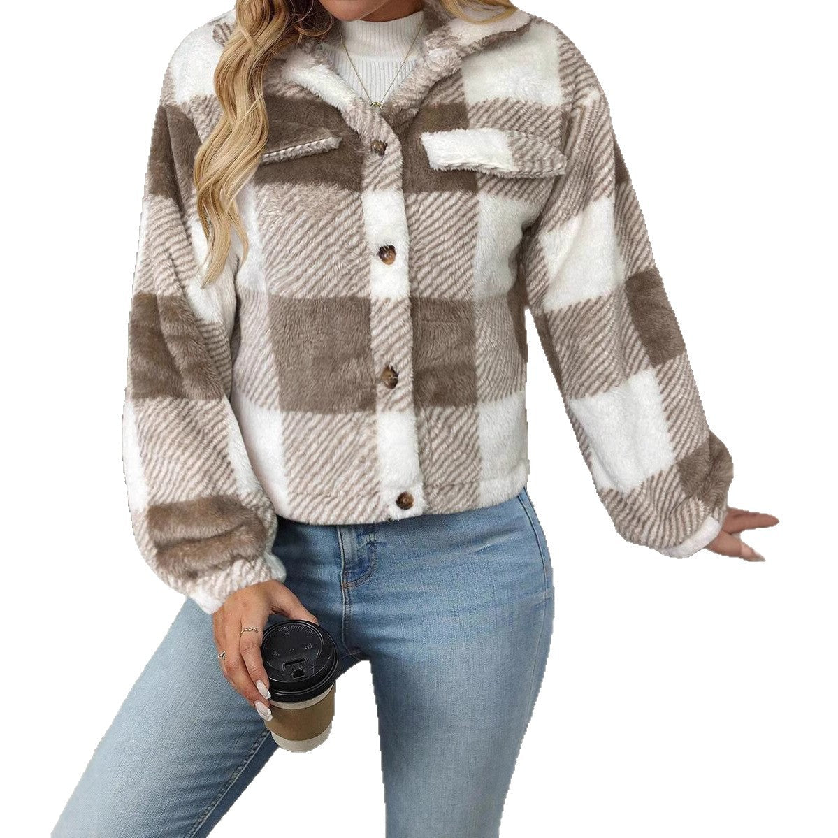 Damen Plüschjacke mit Karomuster R&B