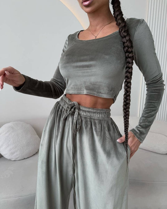 Damen lässiges Crop-Oberteil und weite Hose Set R&B