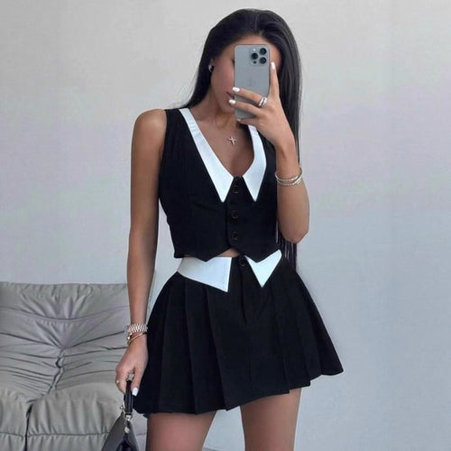 Damen schickes ärmelloses Blazer-Set mit Faltenrock R&B
