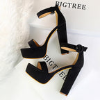 Damen Hochhackige Plateau-Sandalen mit verstellbarem Knöchelriemen und robustem Blockabsatz R&B