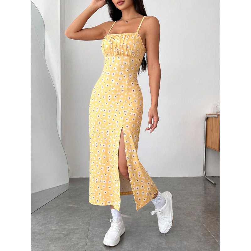 Damen Blumenkleid mit Spaghettiträgern und seitlichem Schlitz R&B