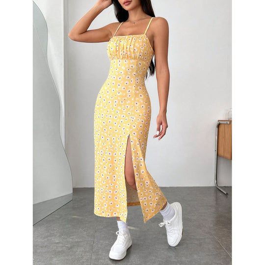 Damen Blumenkleid mit Spaghettiträgern und seitlichem Schlitz R&B