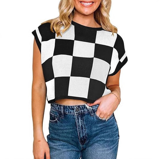 Damen lässiges ärmelloses Pullover-Top mit karierter Musterung R&B