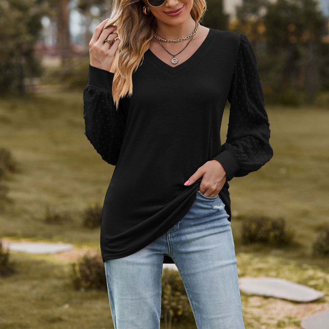 Damen elegantes V-Ausschnitt Oberteil mit Puffärmeln R&B