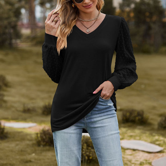 Damen elegantes V-Ausschnitt Oberteil mit Puffärmeln R&B