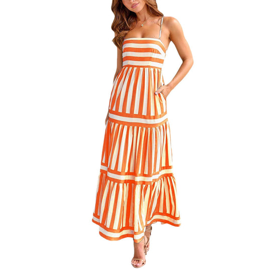 Damen Maxi-Kleid mit Streifenmuster und tiefem Ausschnitt R&B