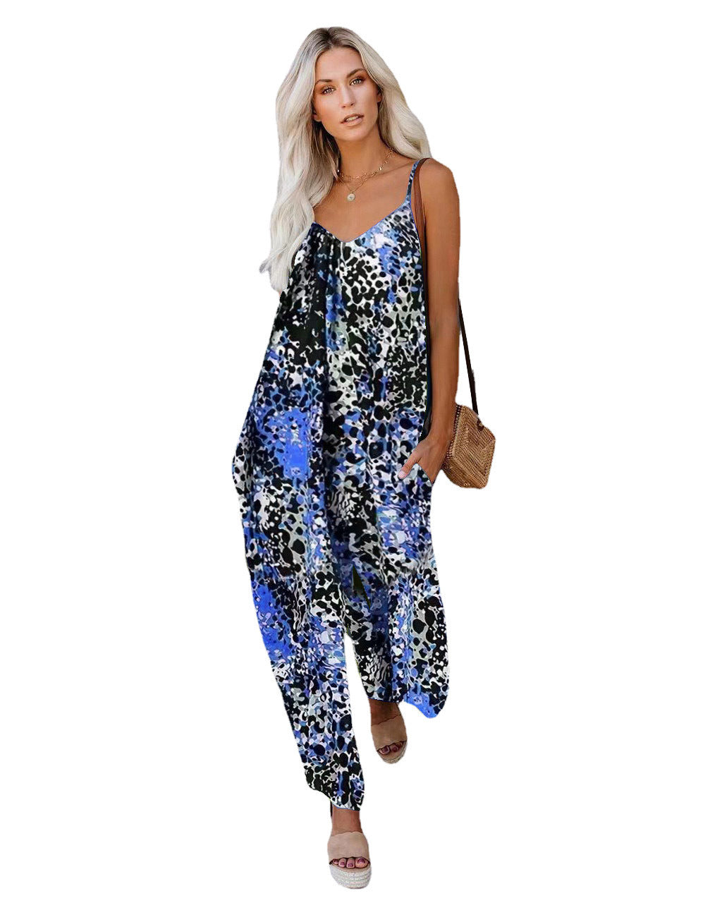 Damen Lässiger Jumpsuit mit verstellbaren Trägern und Blumenmuster R&B