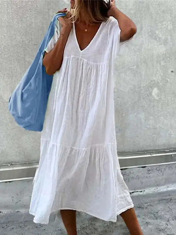 Damen lässiges Sommerkleid mit V-Ausschnitt und voluminösem Rock EB