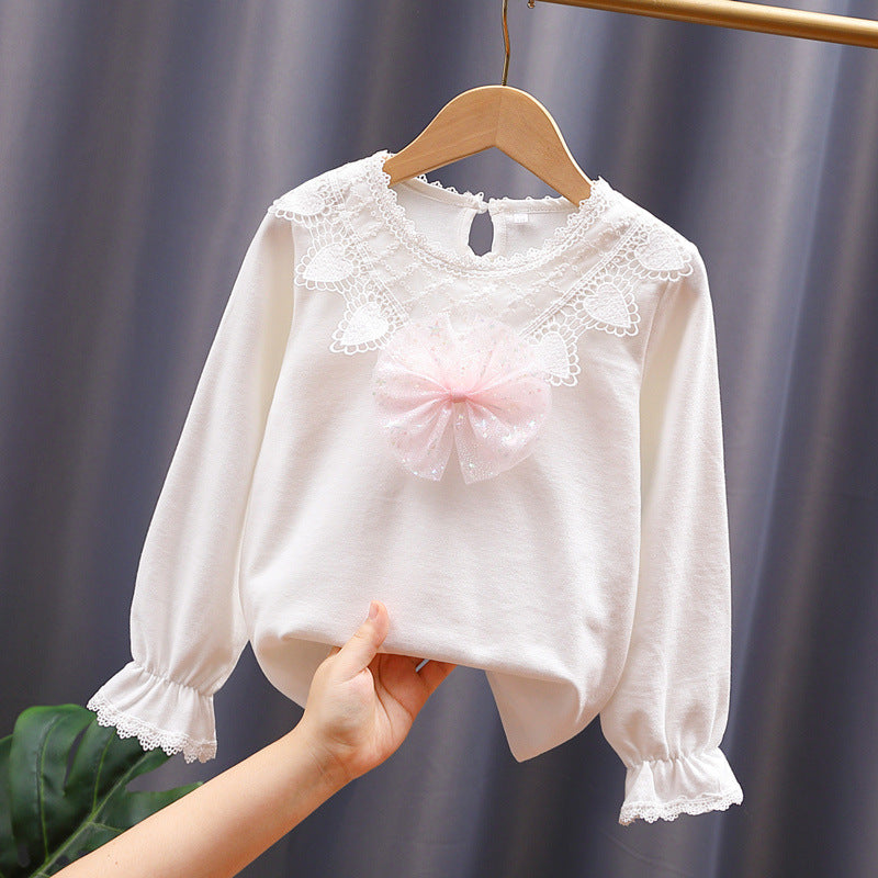 Mädchen Langarmshirt mit niedlicher Spitzenverzierung und Schleifendekor R&B