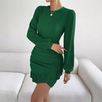Damen figurbetontes Kleid mit Rüschensaum und langen Ärmeln R&B