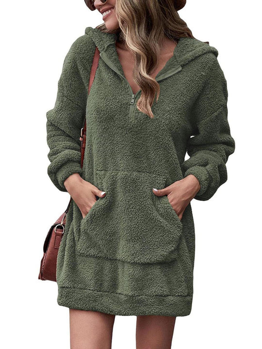 Damen Kuscheliger Hoodie-Kleid mit praktischen Taschen und halben Reißverschluss R&B