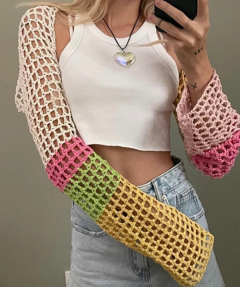 Damen gehäkeltes Langarm-Oberteil mit buntem Netzdesign R&B
