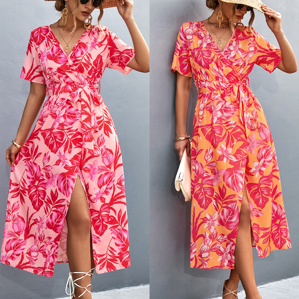 Damen Wickelmaxikleid mit floralem Muster und eleganter Schärpe R&B