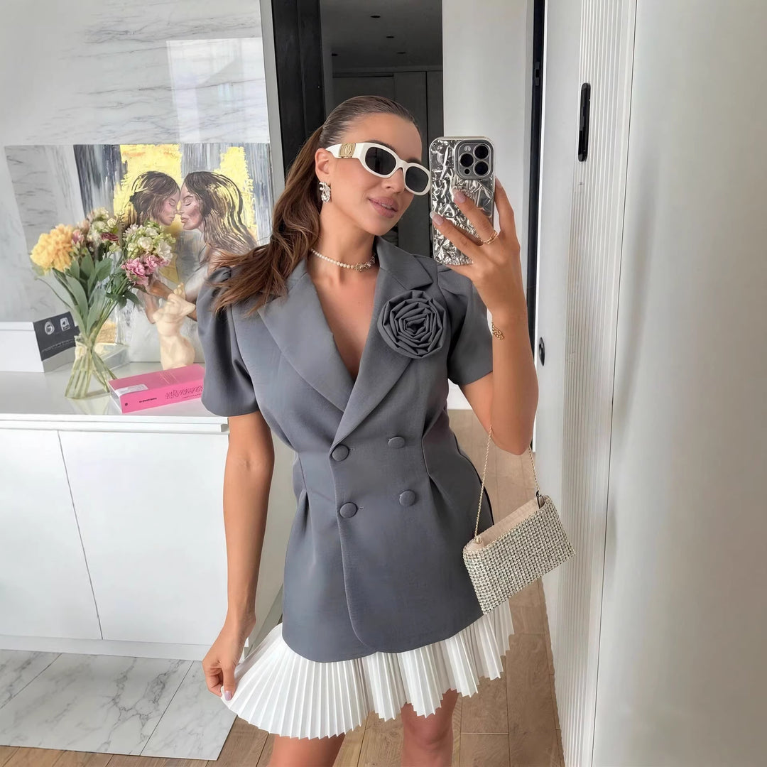Damen eleganter Blazer mit Puffärmeln und floralem Detail R&B
