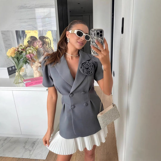 Damen eleganter Blazer mit Puffärmeln und floralem Detail R&B
