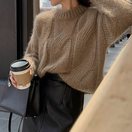 Damen Grob gestrickter Pullover mit hohem Kragen und weitem Schnitt R&B
