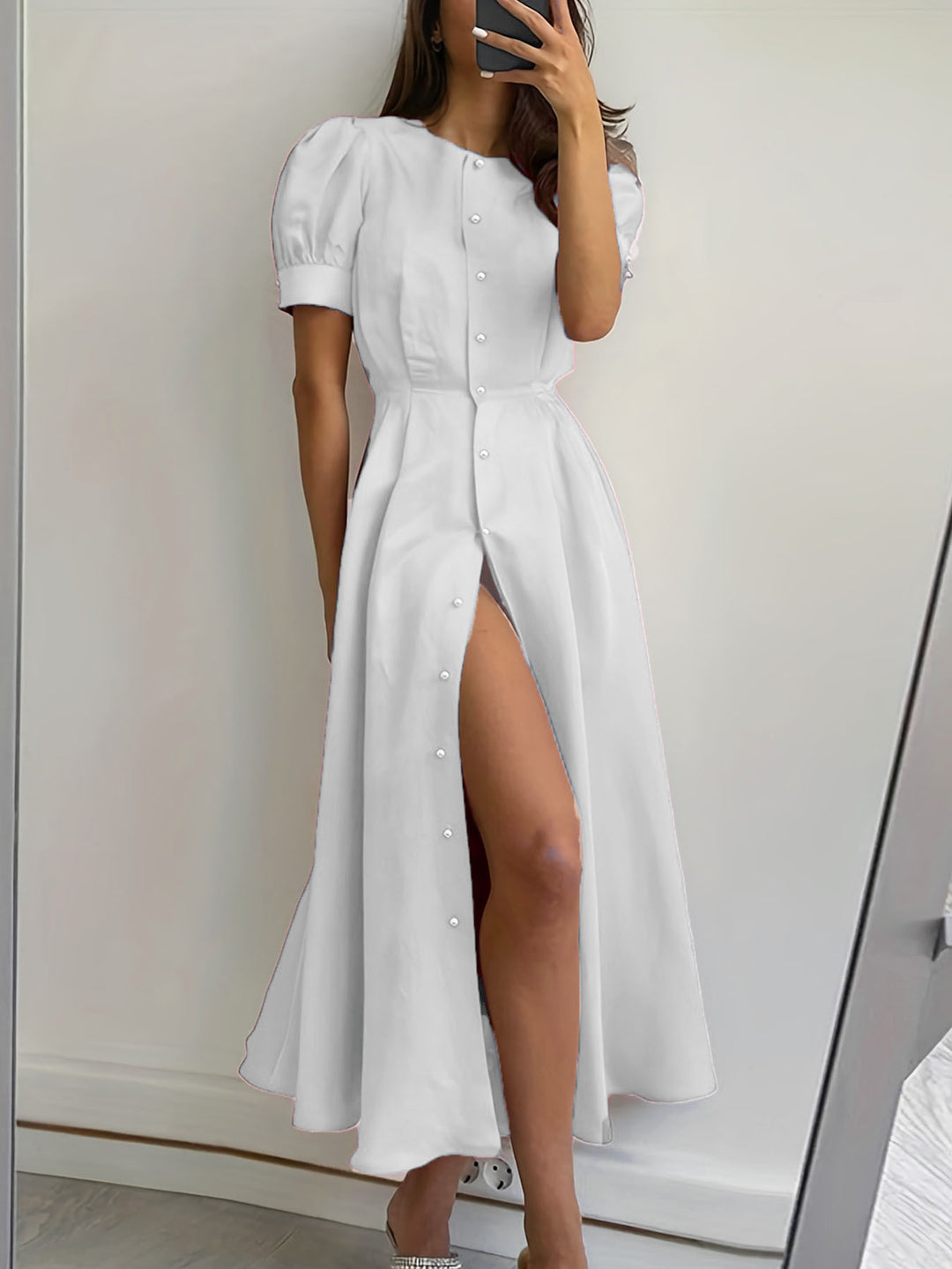 Damen Maxikleid mit Knopfleiste und seitlichem Schlitz R&B