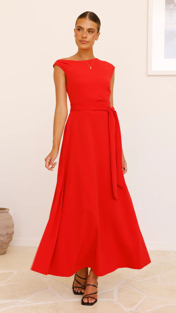 Damen Maxikleid mit schickem asymmetrischen Ausschnitt und eleganter Schleife R&B
